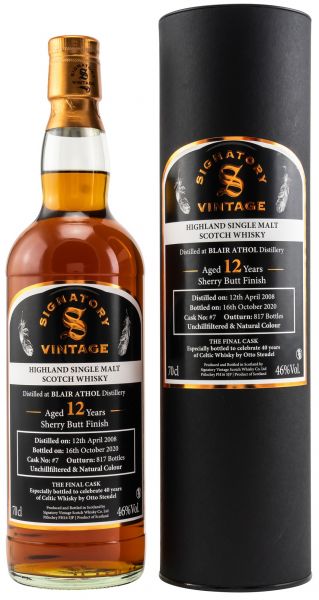 Blair Athol 12 Jahre 2008/2020 Signatory Vintage 40 years of Celtic Whisky 46% vol.