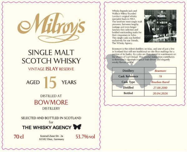 Bowmore 15 Jahre 2010/2026 Milroy's x The Whisky Agency 53,7% vol.